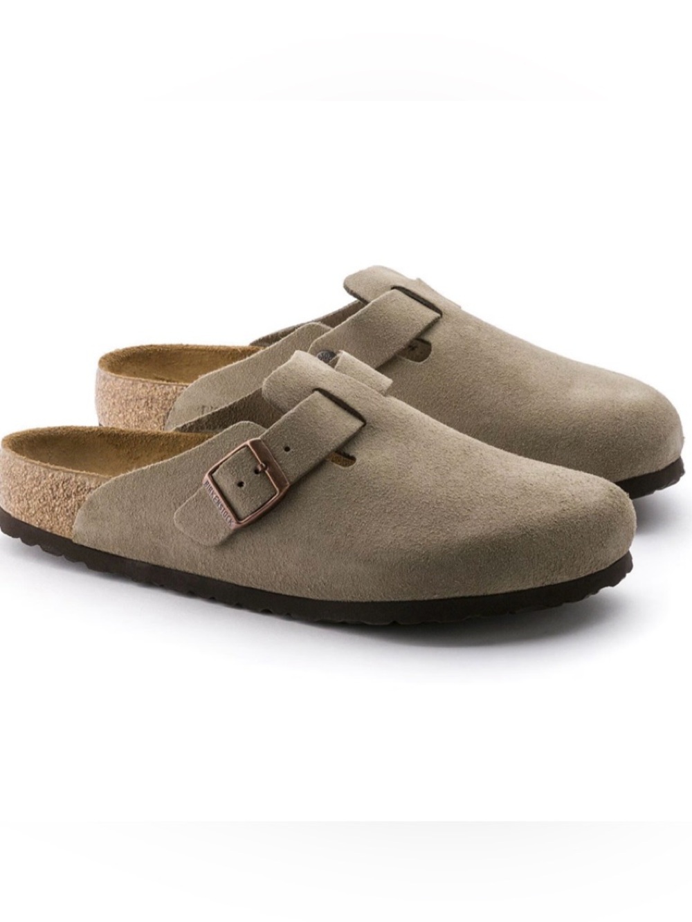 Birkenstock Taupe Suede Boston Clogs with Bronze Buckle